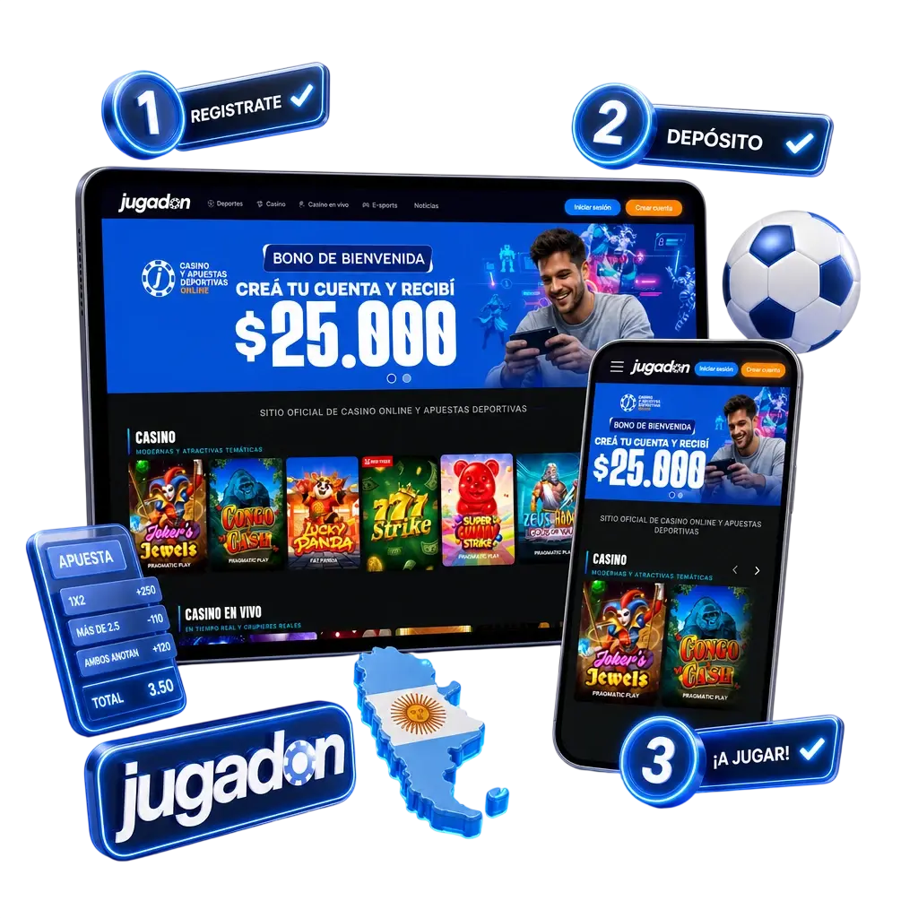 Guía paso a paso para registrarse, cargar saldo y apostar en fútbol dentro de la plataforma Jugadon en Argentina.
