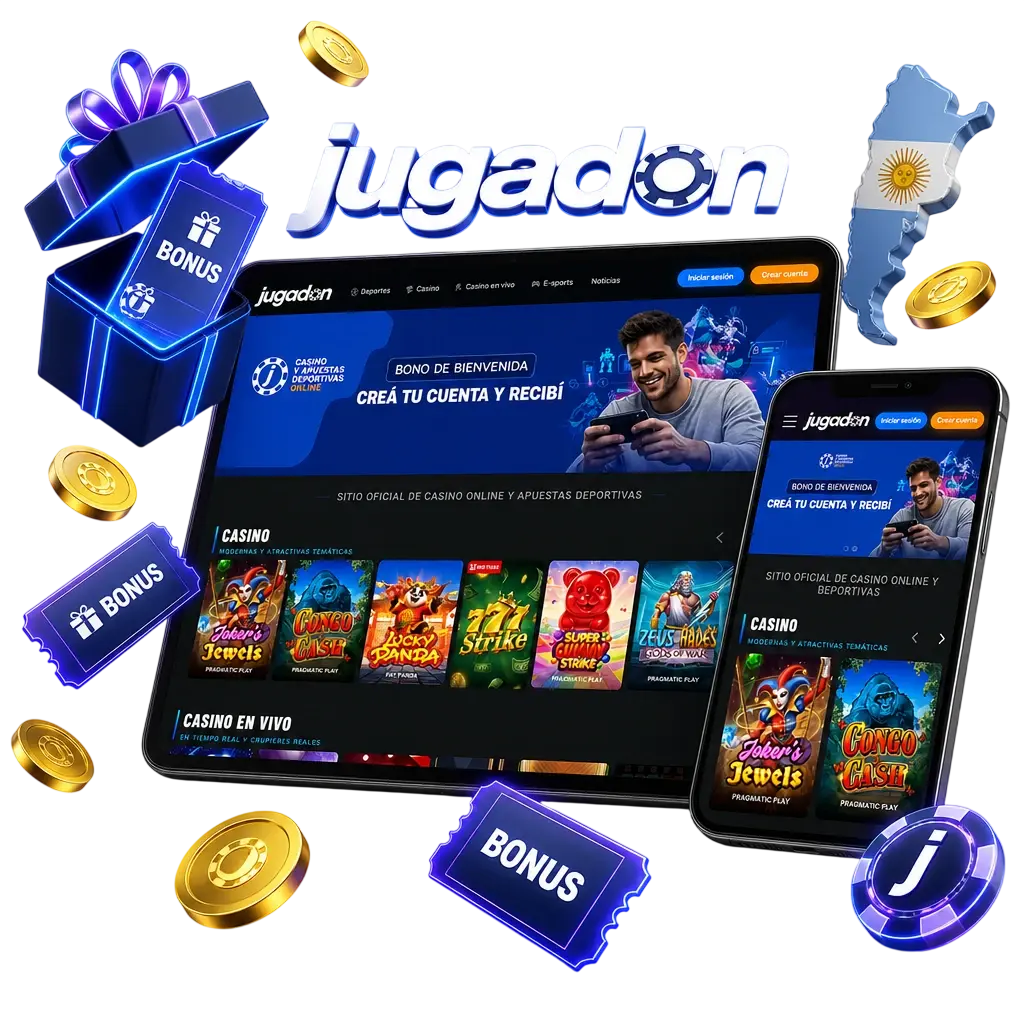 Bono de bienvenida en la app de Jugadon para nuevos jugadores de Argentina, válido en apuestas deportivas y casino