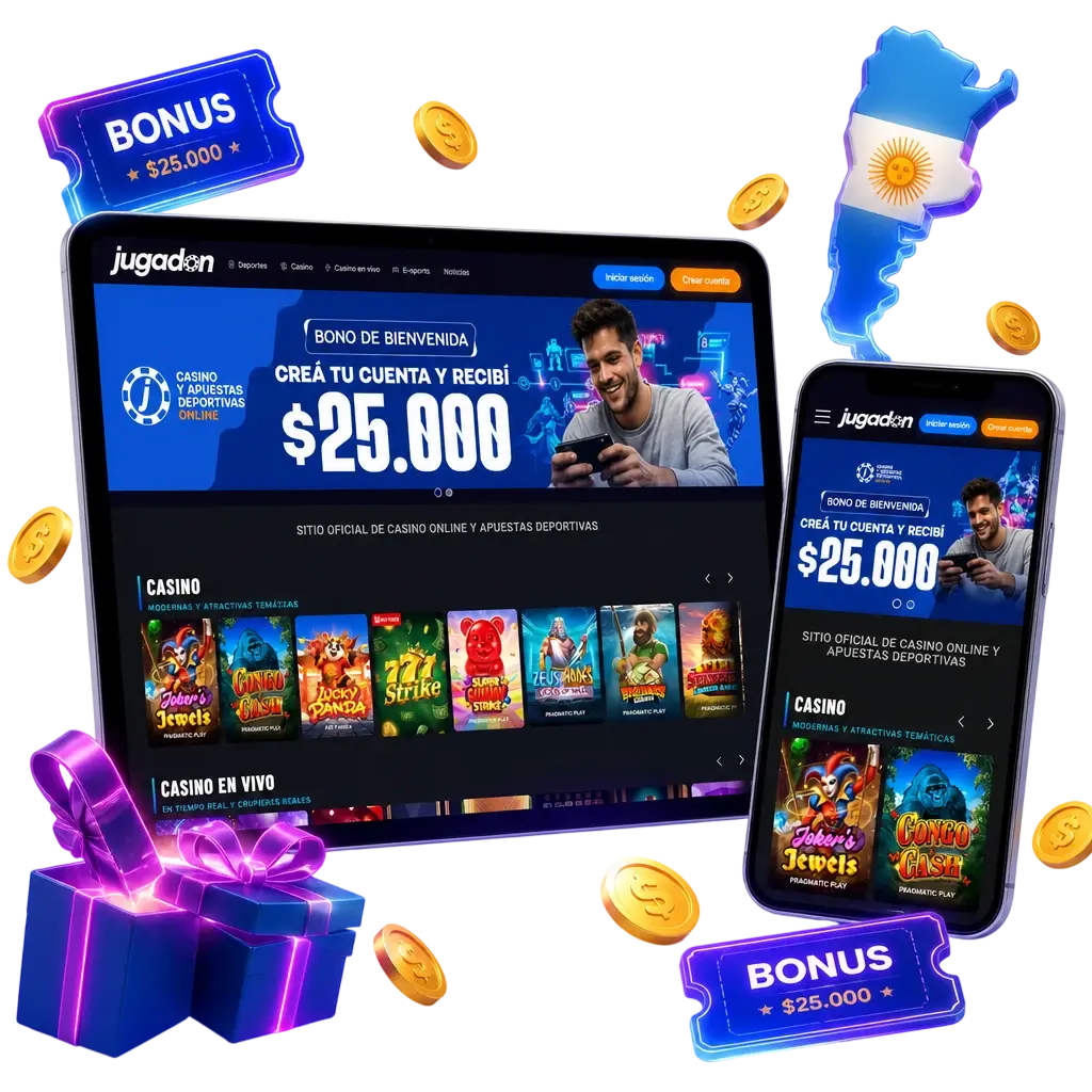 Bonos de bienvenida de Jugadon para Argentina: hasta ARS 200.000 en casino y ARS 100.000 en deportes.