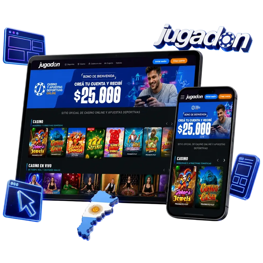 Interfaz oscura de la app Jugadon con navegación a apuestas, casino en vivo, cupón y configuración de cuenta