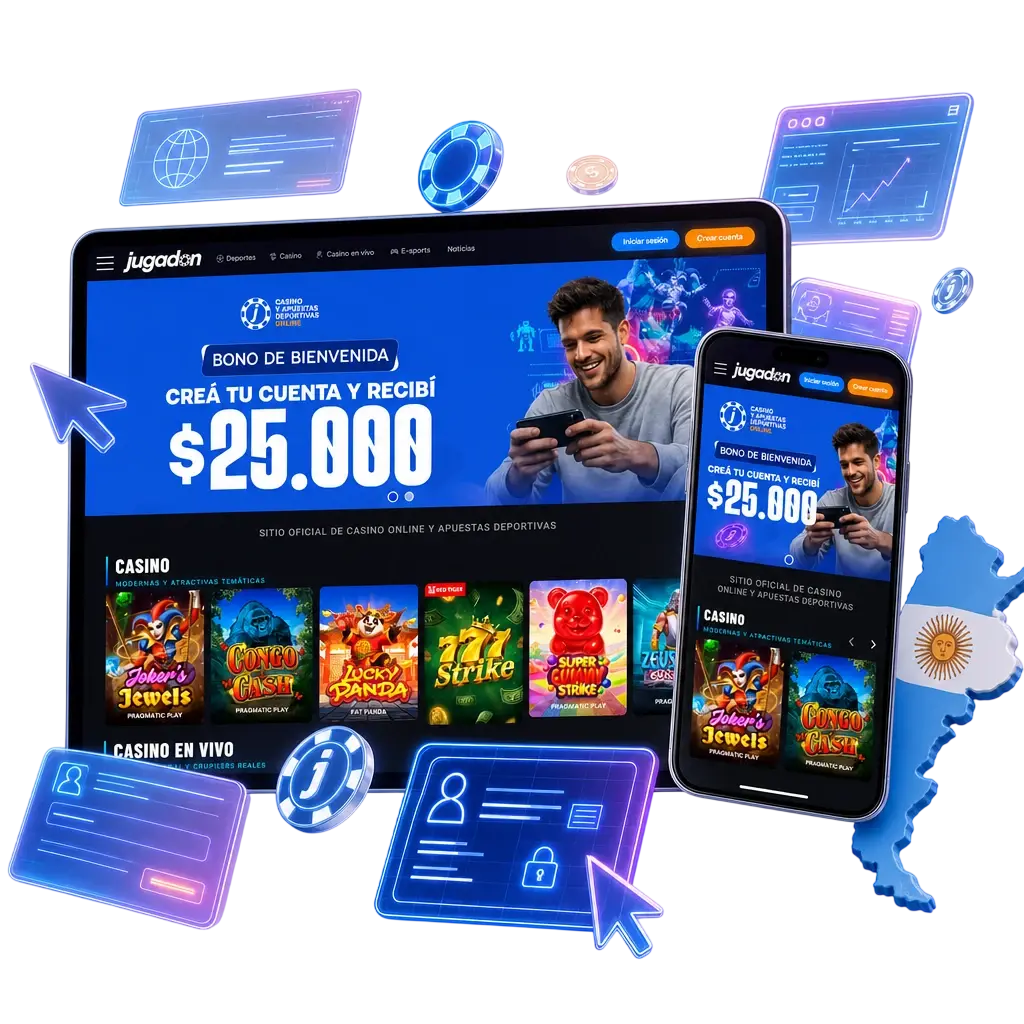 Interfaz del sitio web de Jugadon con diseño moderno, navegación superior y accesos a sportsbook, casino y promociones