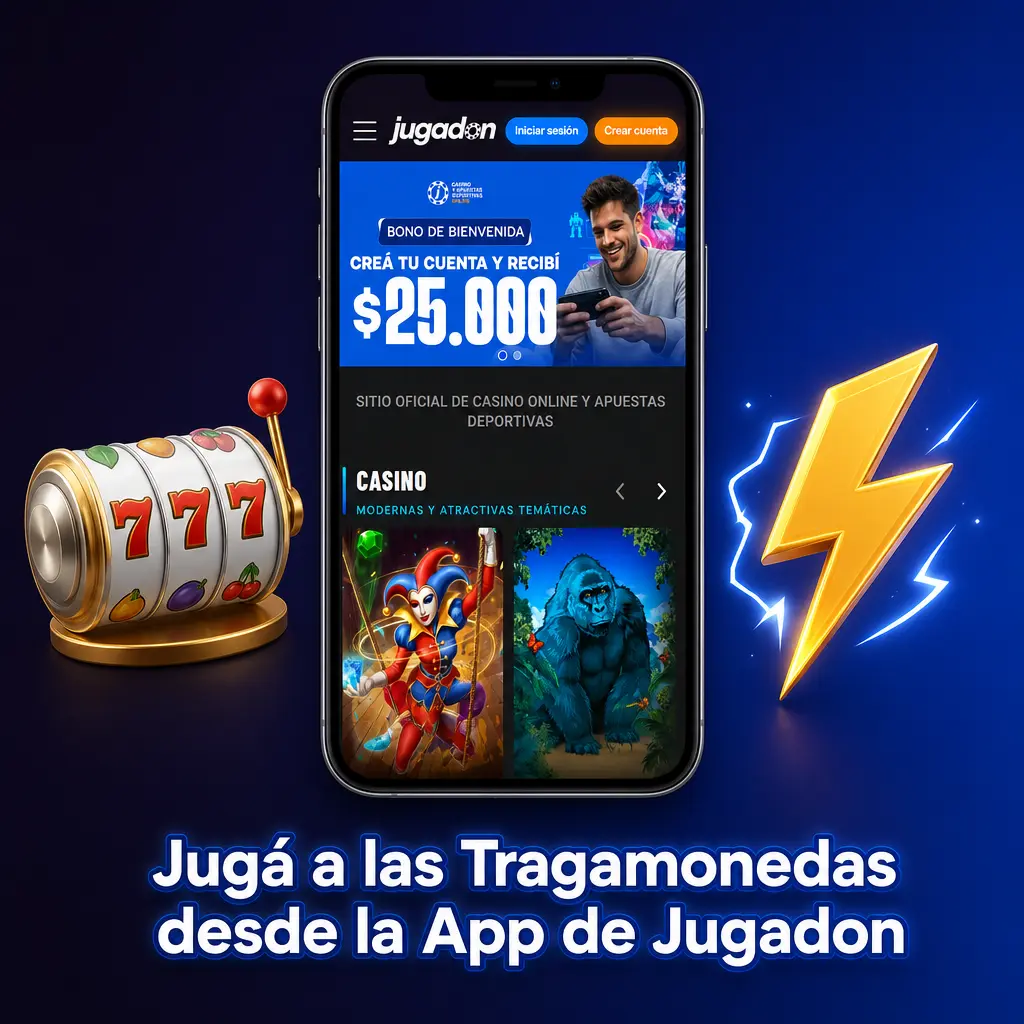 Aplicación PWA de Jugadon en celular mostrando el lobby de tragamonedas, jackpots y juegos crash con interfaz táctil.