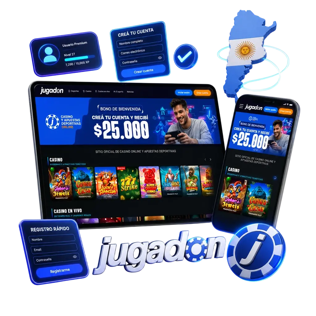 Guía visual para registrar una cuenta nueva en la app de Jugadon desde un dispositivo móvil en Argentina.